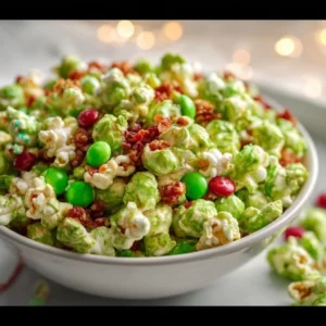 Colorful Grinch Popcorn Mix, festive holiday snack with green and red toppings