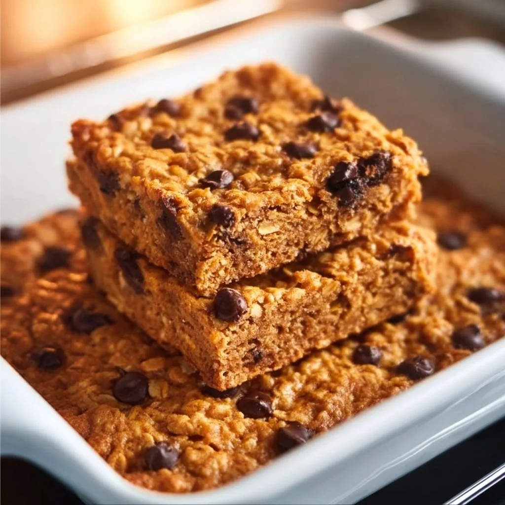 Healthy pumpkin oatmeal bars with oats, pumpkin puree, and spices on a wooden table.