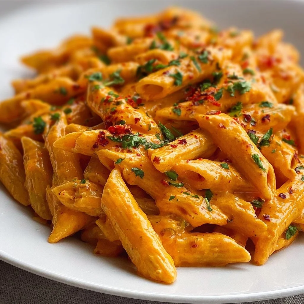 Creamy roasted red pepper pasta dish, high in protein and full of flavor.