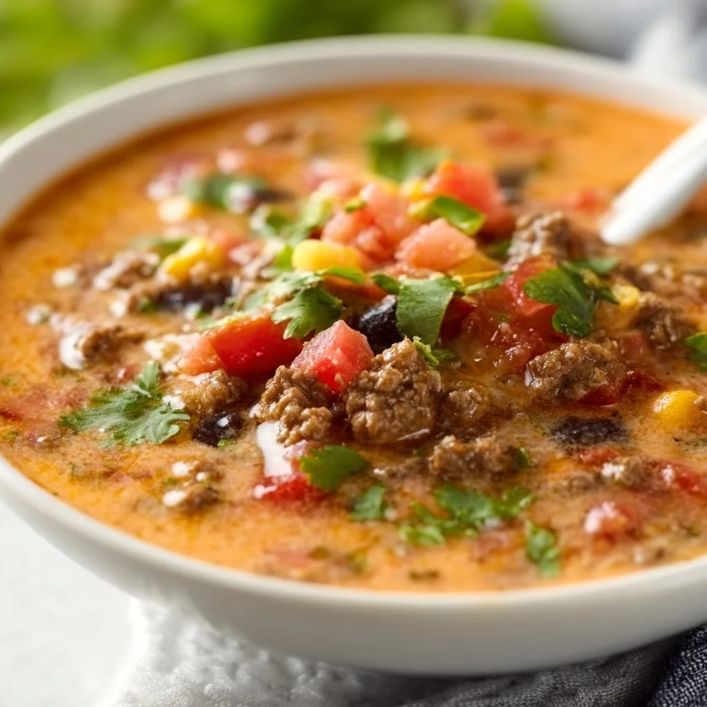 Bowl of Keto Taco Soup garnished with cheese and avocado