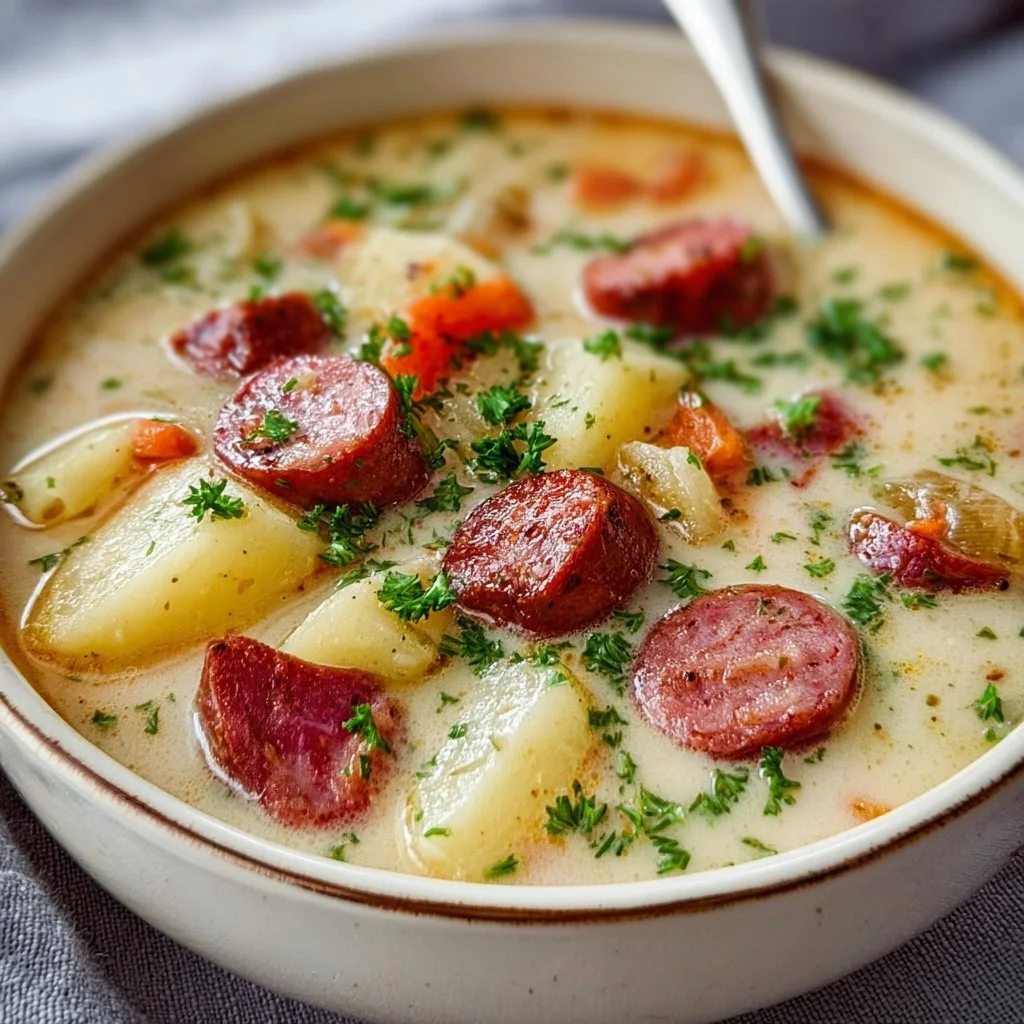 Delicious bowl of Kielbasa Potato Soup with chunks of sausage and potatoes