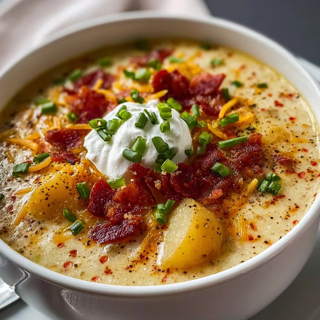 A bowl of creamy loaded baked potato soup topped with cheese, green onions, and bacon.