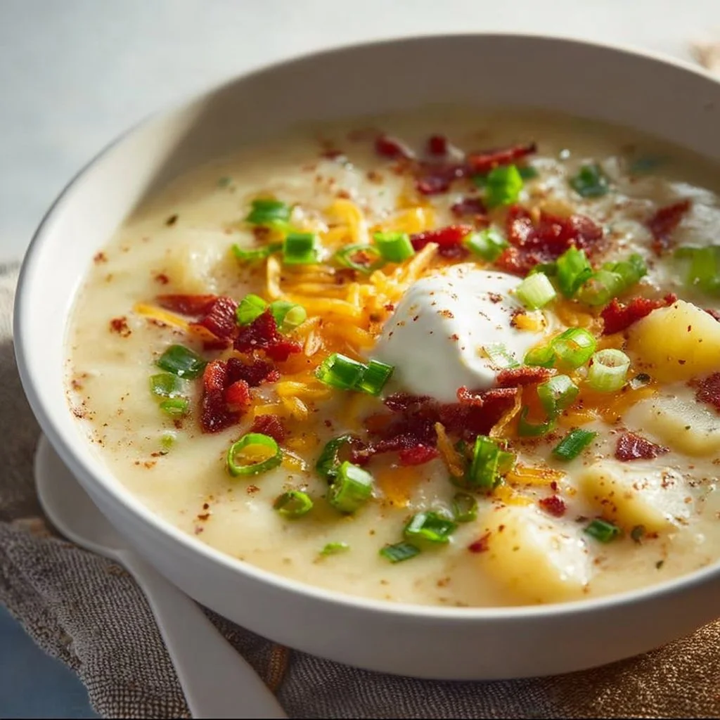Delicious bowl of loaded baked potato soup topped with cheese and green onions