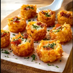 Delicious loaded tater tots topped with cheese, bacon, and green onions.