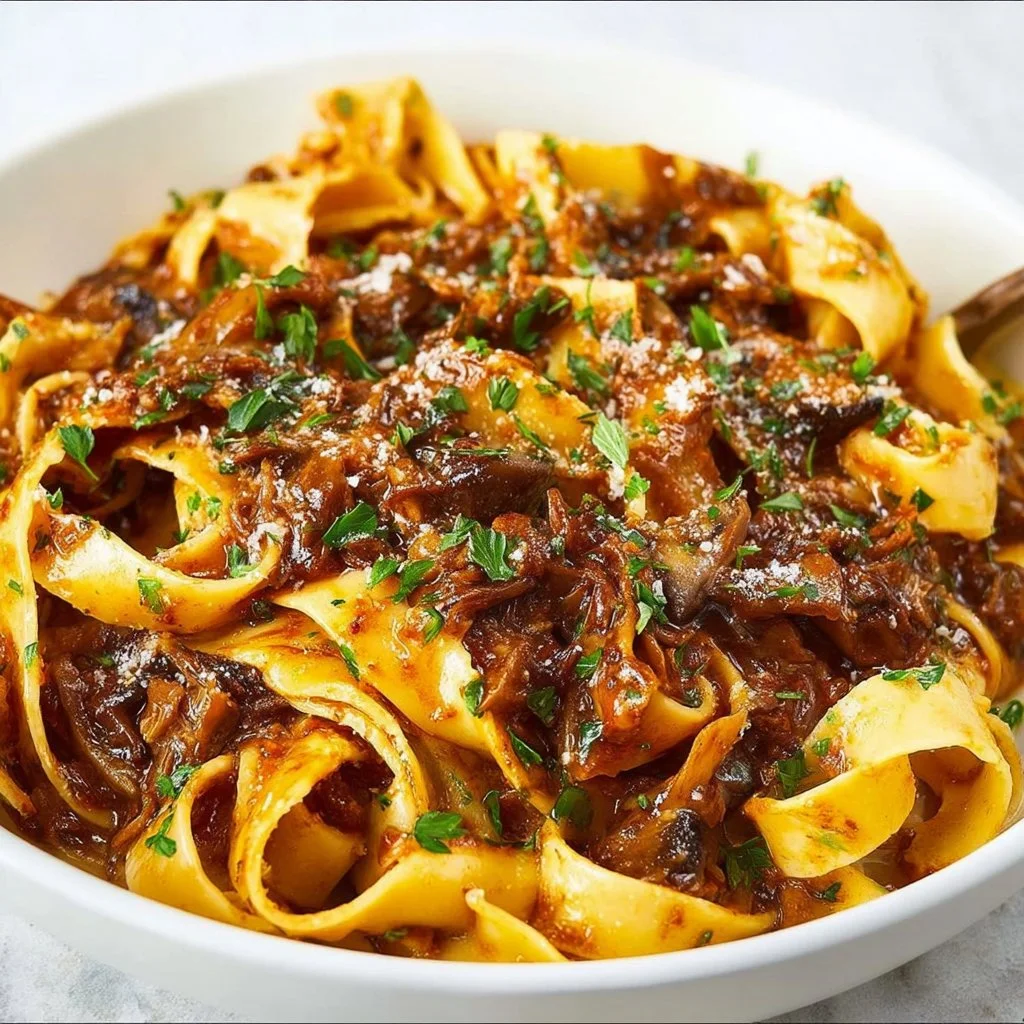 Delicious Mushroom Ragu served with pasta and garnished with herbs.