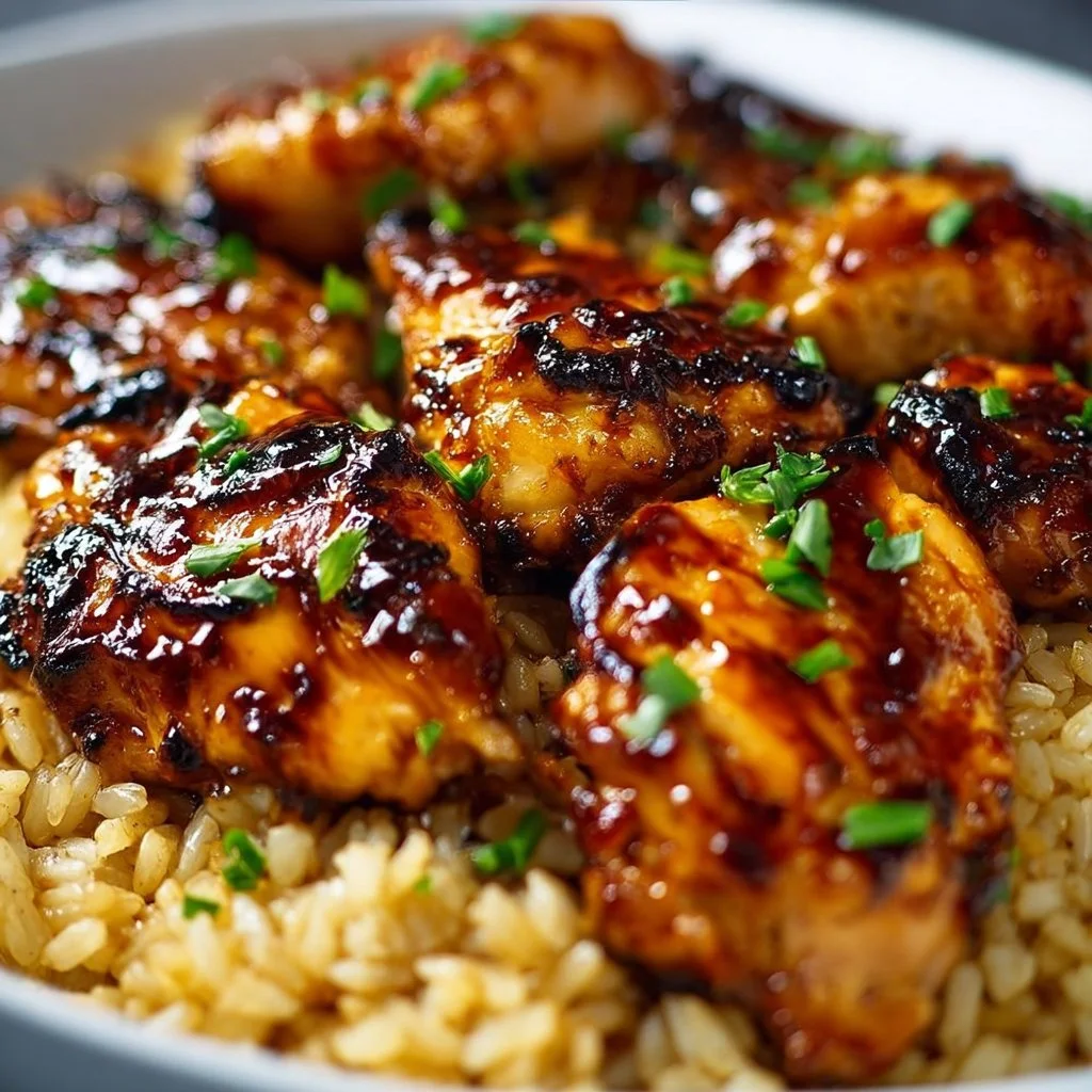 One-Pan Honey BBQ Chicken served on a bed of rice in a vibrant dish