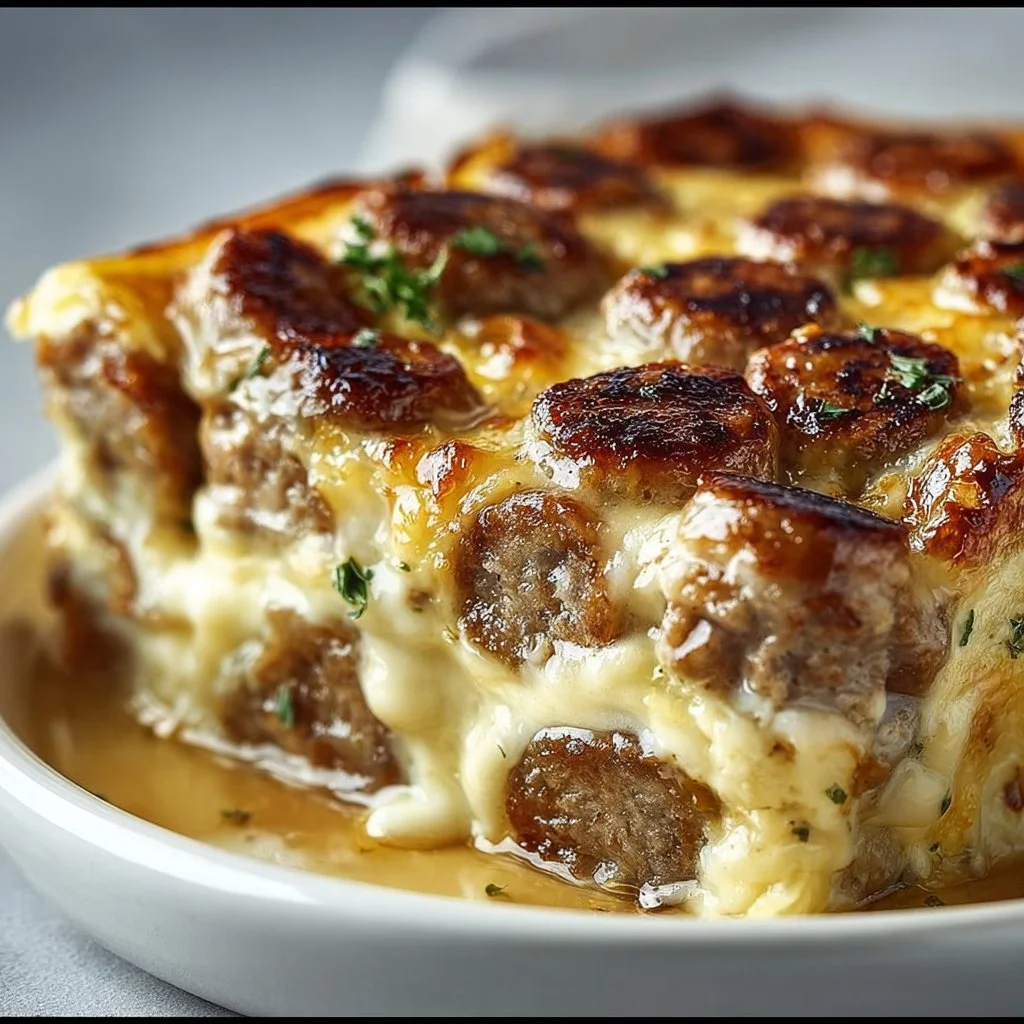 Delicious pancake sausage casserole fresh from the oven, served on a plate.