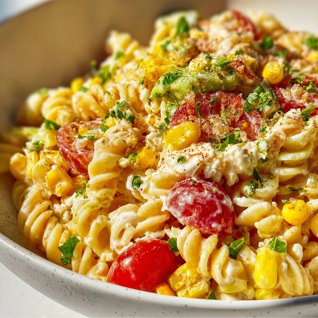 Colorful Mexican street corn pasta salad with fresh ingredients and toppings.