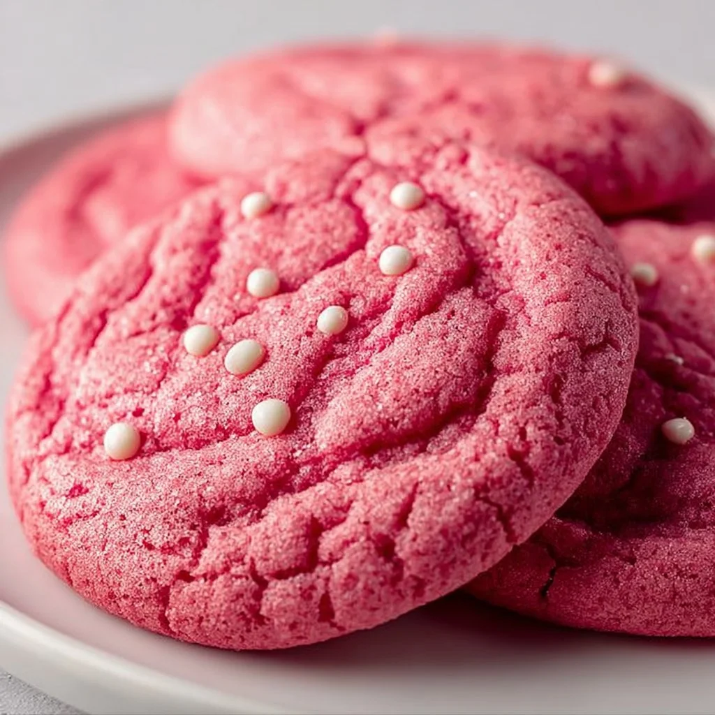 Delicious pink velvet cookies on a plate, perfect for dessert lovers.