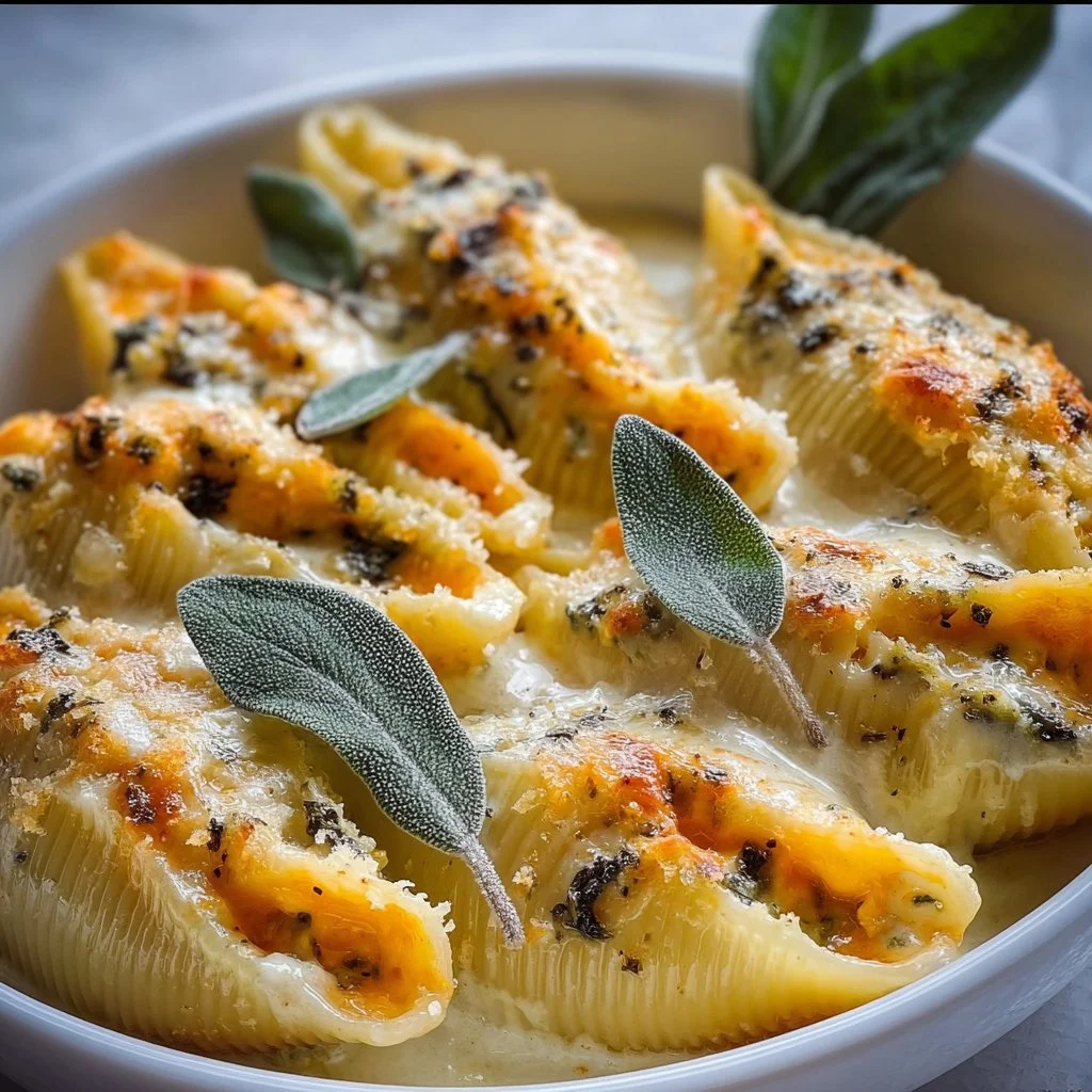 Pumpkin & Gouda stuffed shells topped with brown butter and sage Alfredo sauce