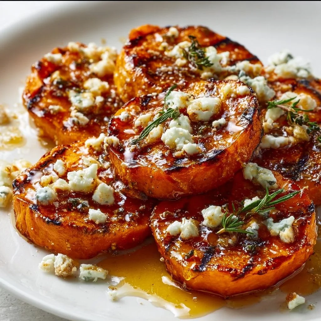 Roasted sweet potato rounds with honey and feta cheese on a platter