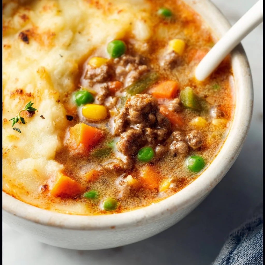 Delicious Shepherd's Pie Soup served in a bowl with garnishes.