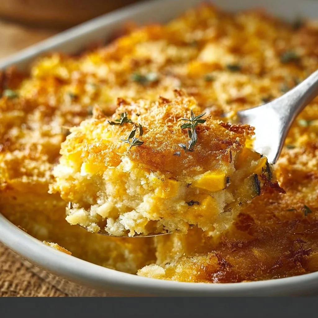 Southern Squash Casserole dish with baked squash, cheese, and breadcrumbs