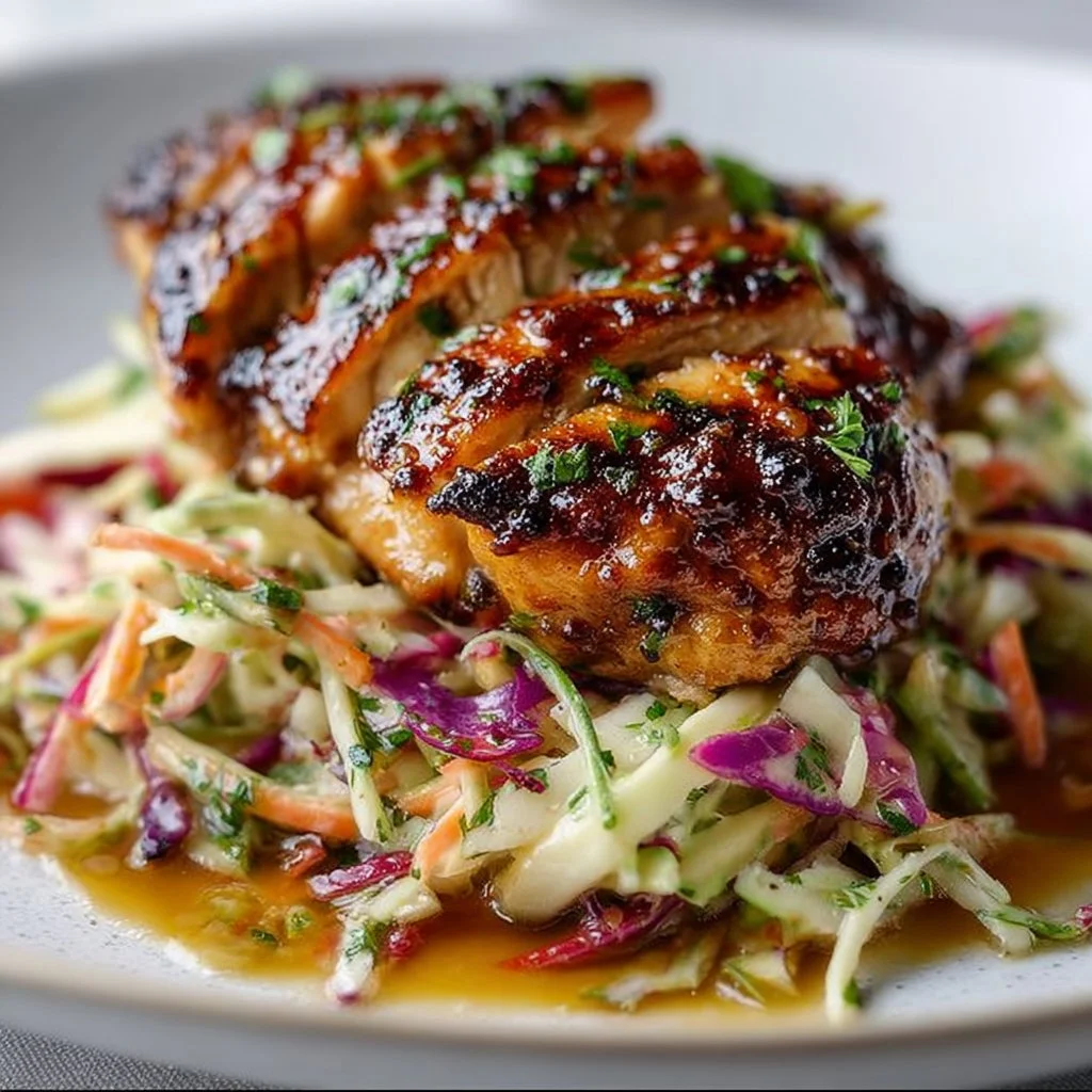 Sticky Apple Cider Chicken served with a colorful autumn slaw salad