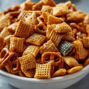 Delicious bowl of addicting Toffee Chex Mix with chocolate and nuts.