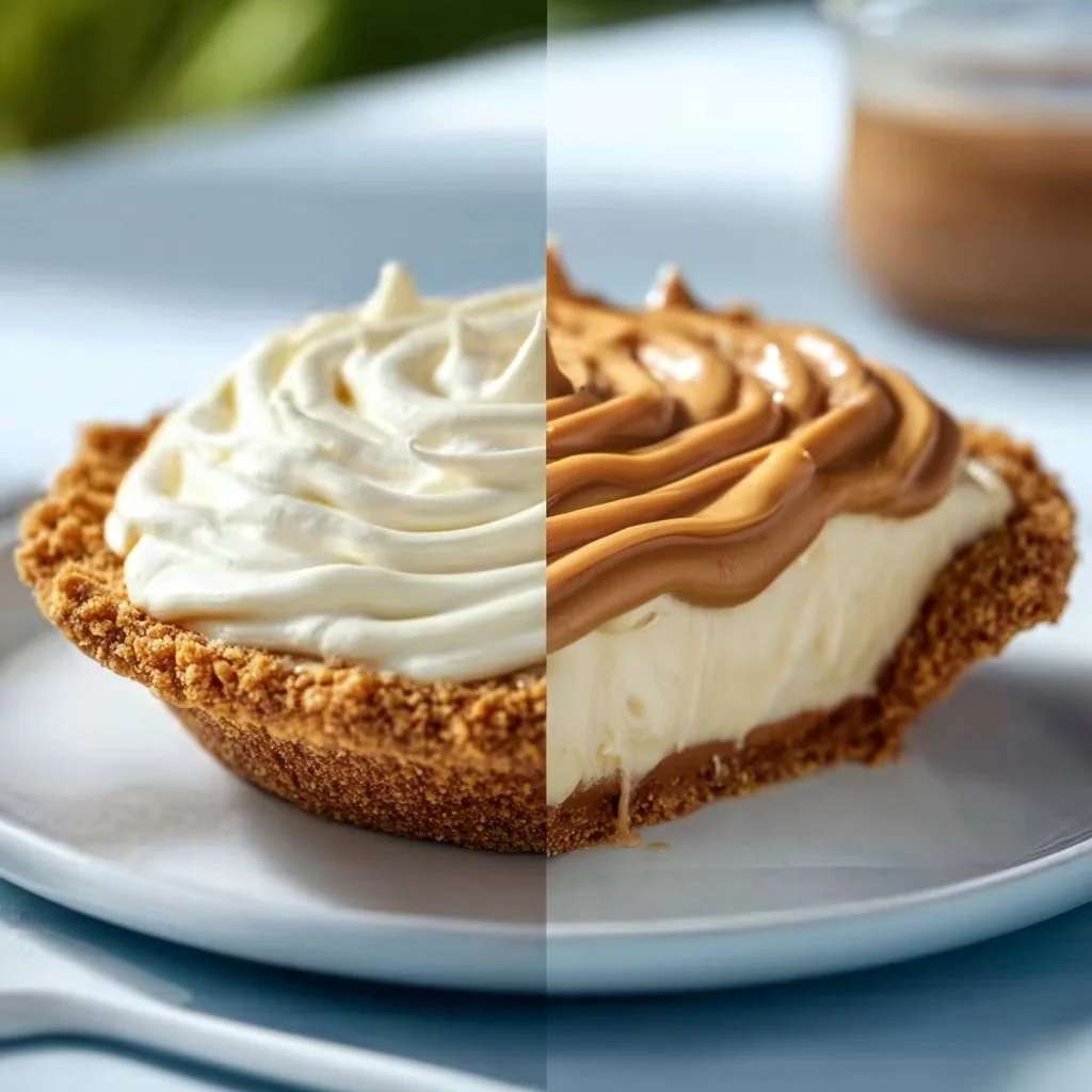Delicious Amish peanut butter cream pie topped with whipped cream and chocolate drizzle.