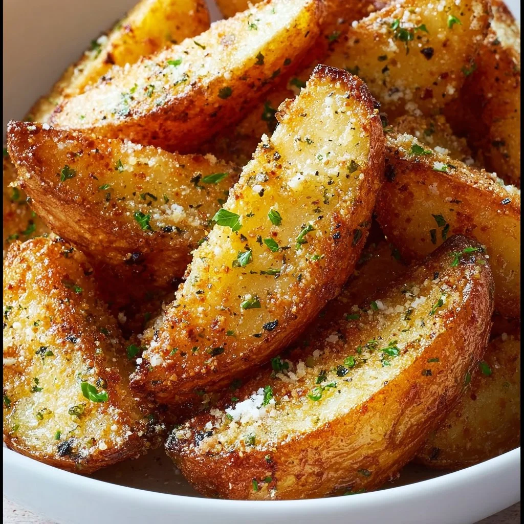 Baked garlic parmesan potato wedges on a serving plate