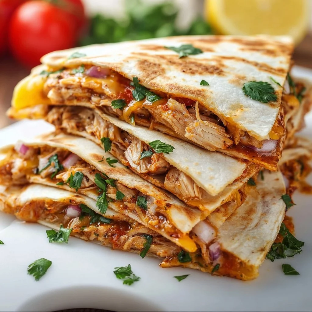 Delicious BBQ chicken quesadillas served with dipping sauce
