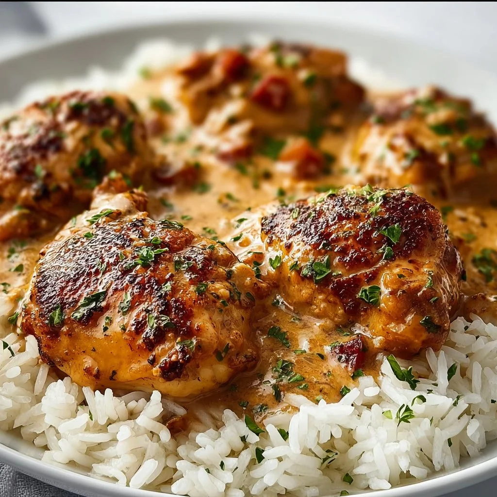 Delicious plate of smothered chicken served over fluffy rice with a savory gravy.