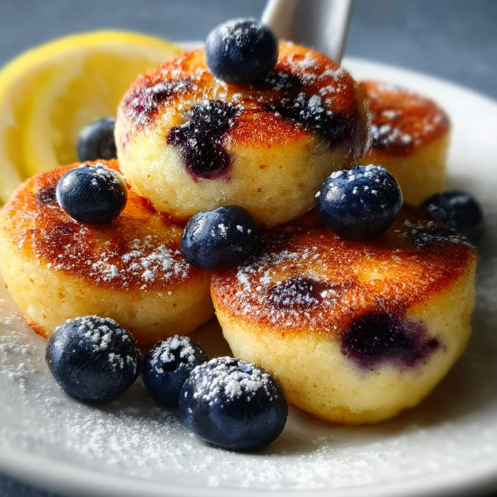Blueberry Lemon Pancake Bites served on a plate with fresh blueberries.