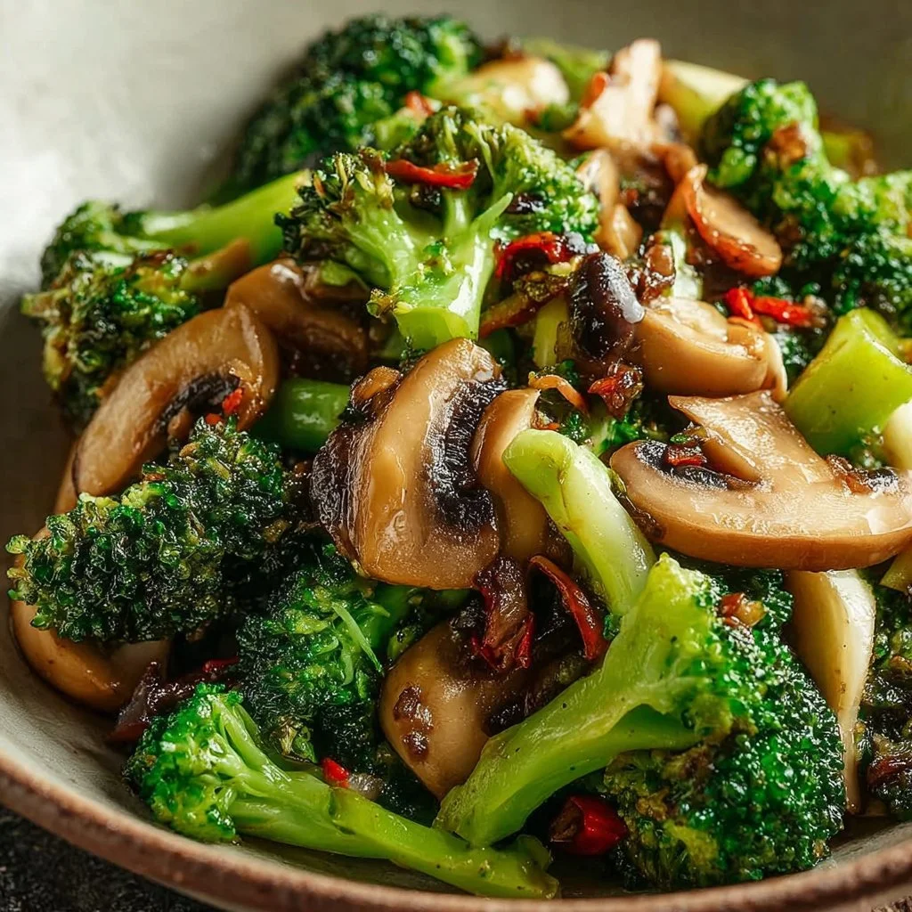 Delicious broccoli mushroom stir fry dish with colorful vegetables on a plate