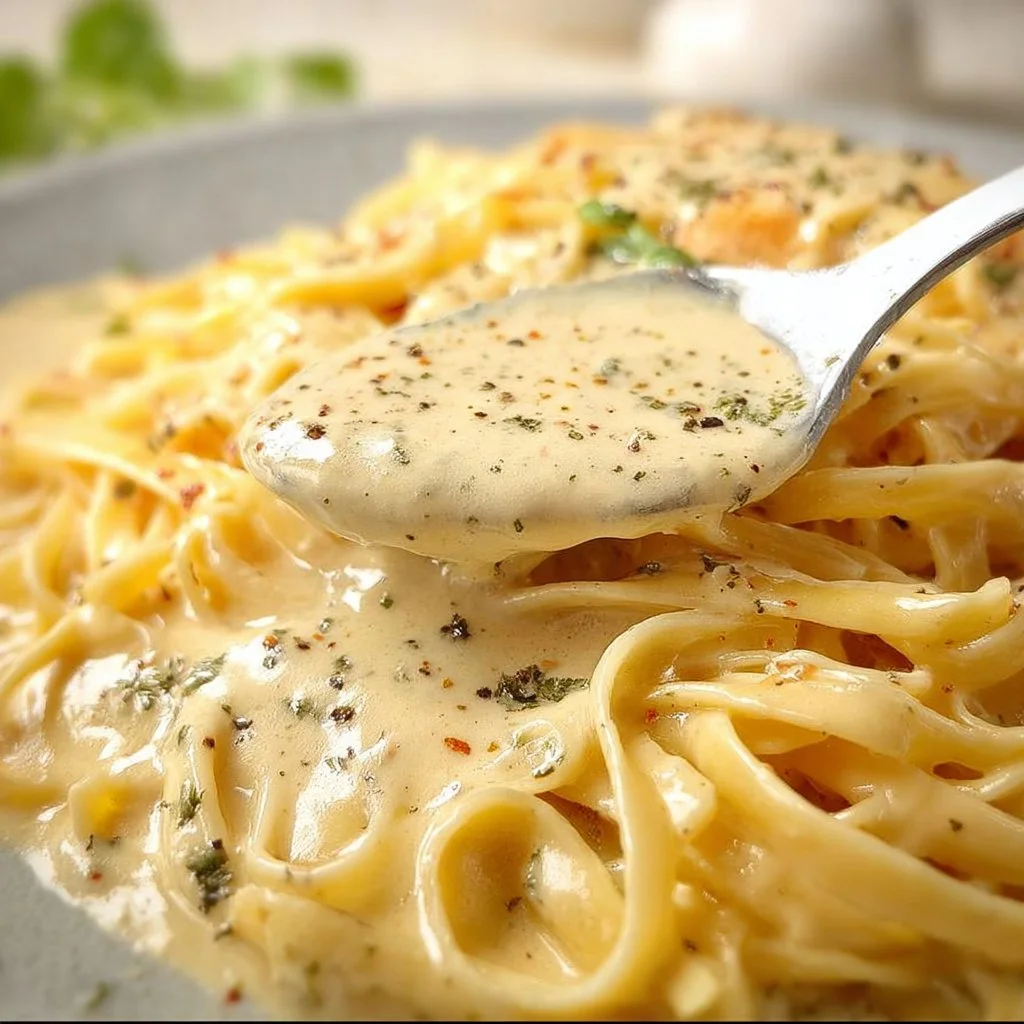 Delicious Cajun Alfredo sauce poured over pasta, garnished with herbs.