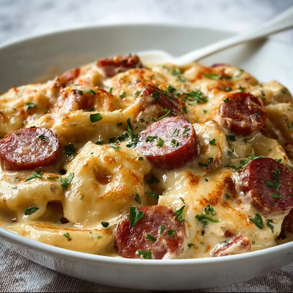 Classic Crockpot Pierogi Casserole with Kielbasa served in a bowl