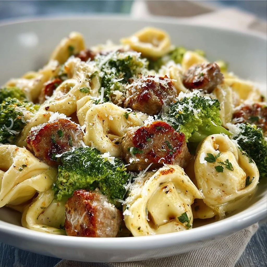 Creamy garlic parmesan tortellini served with sausage and broccoli in a bowl