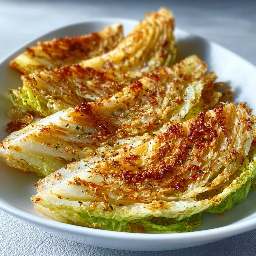 Crispy air fryer cabbage wedges served on a plate with seasoning