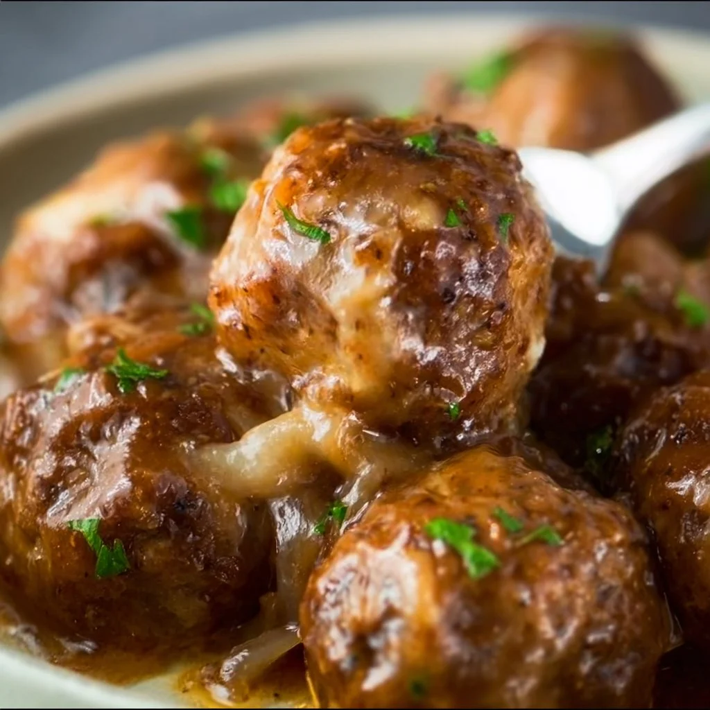 Delicious crock pot French onion meatballs served in a rich onion sauce