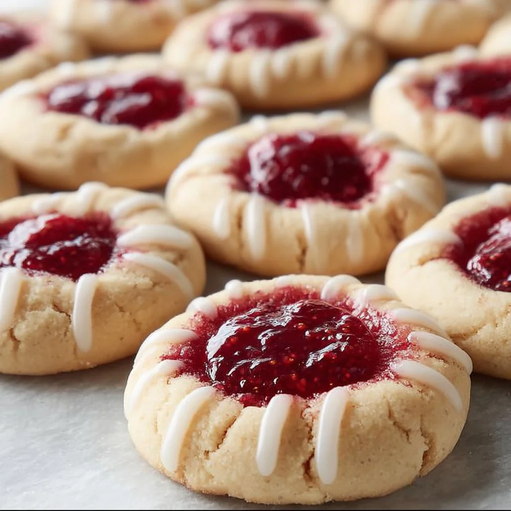 Delicious raspberry almond cookies on a baking tray, ready to be enjoyed.