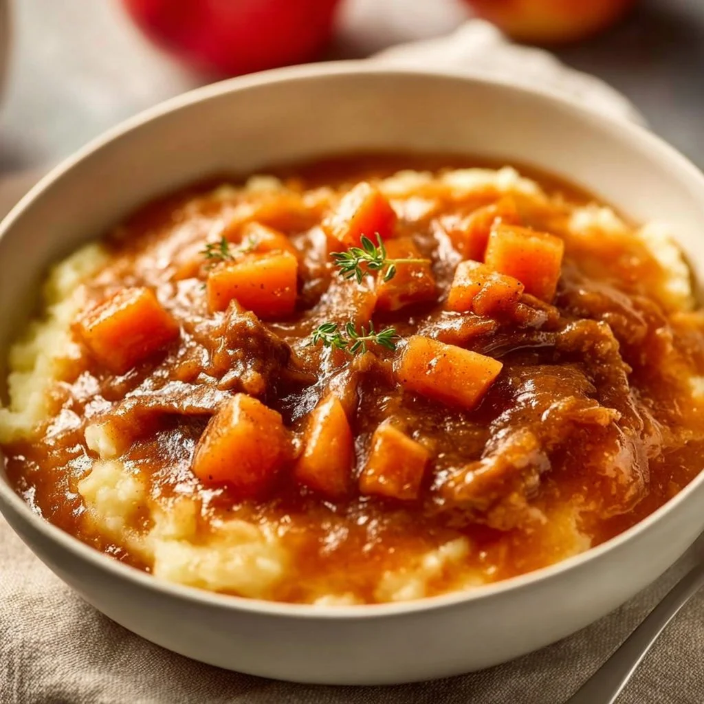Delicious fall apple cider stew mash served in a rustic bowl.