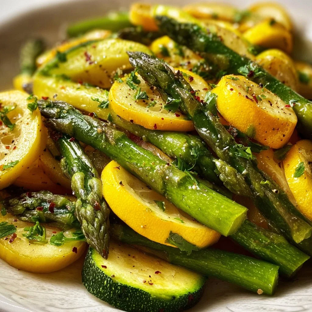 Deliciously cooked asparagus with zucchini and squash on a plate