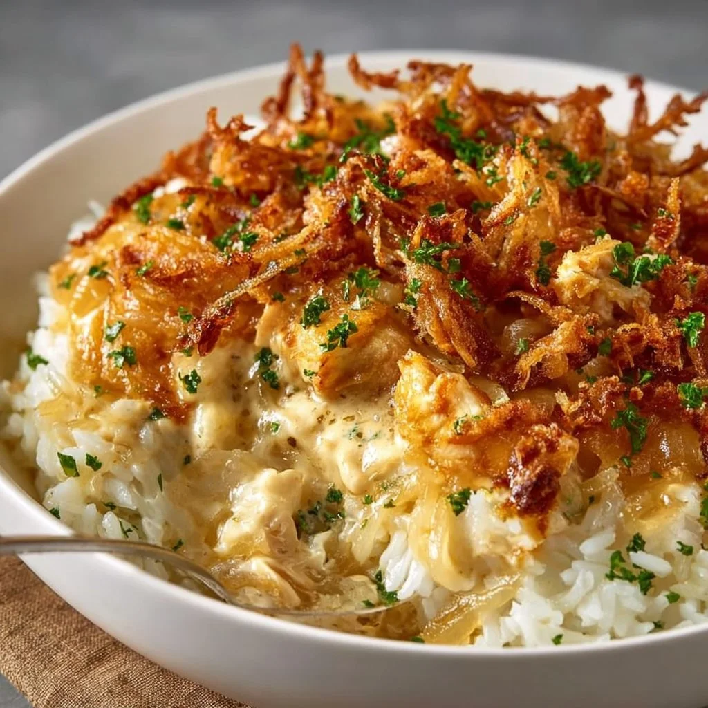 Delicious plate of French Onion Chicken served over rice.