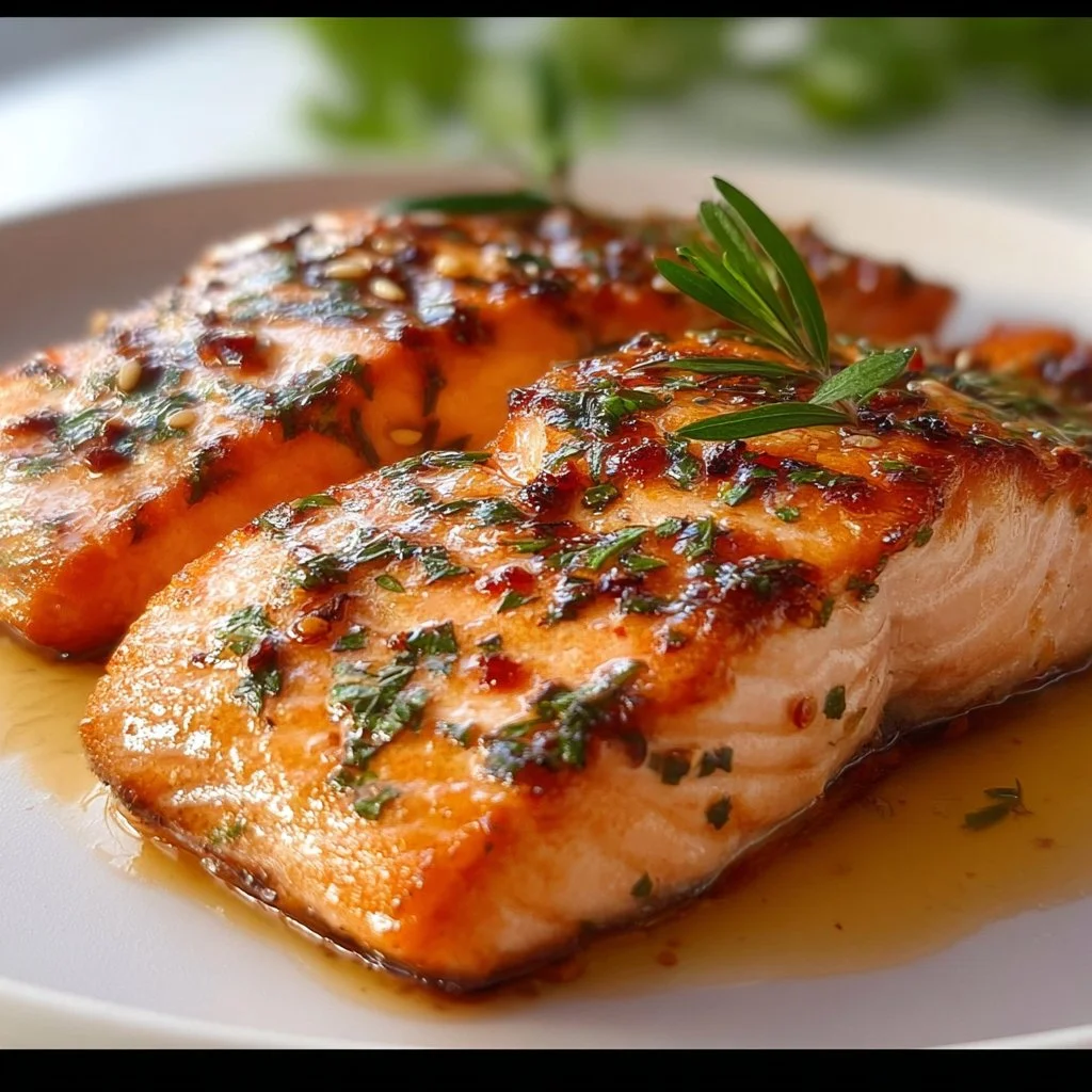 Delicious Hot Honey Salmon with a sweet and spicy glaze served on a plate.