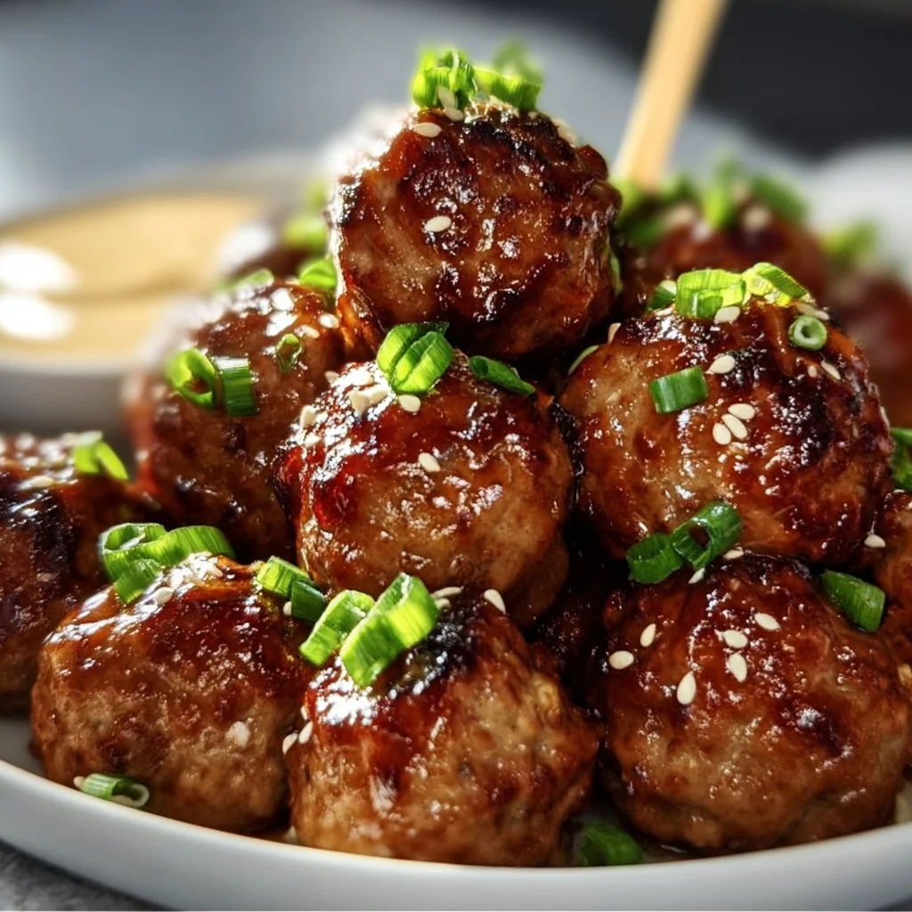 Delicious Korean BBQ meatballs garnished and served on a platter.