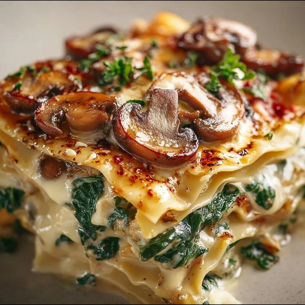 Delicious Mushroom Spinach Lasagna with layers of cheese and fresh ingredients