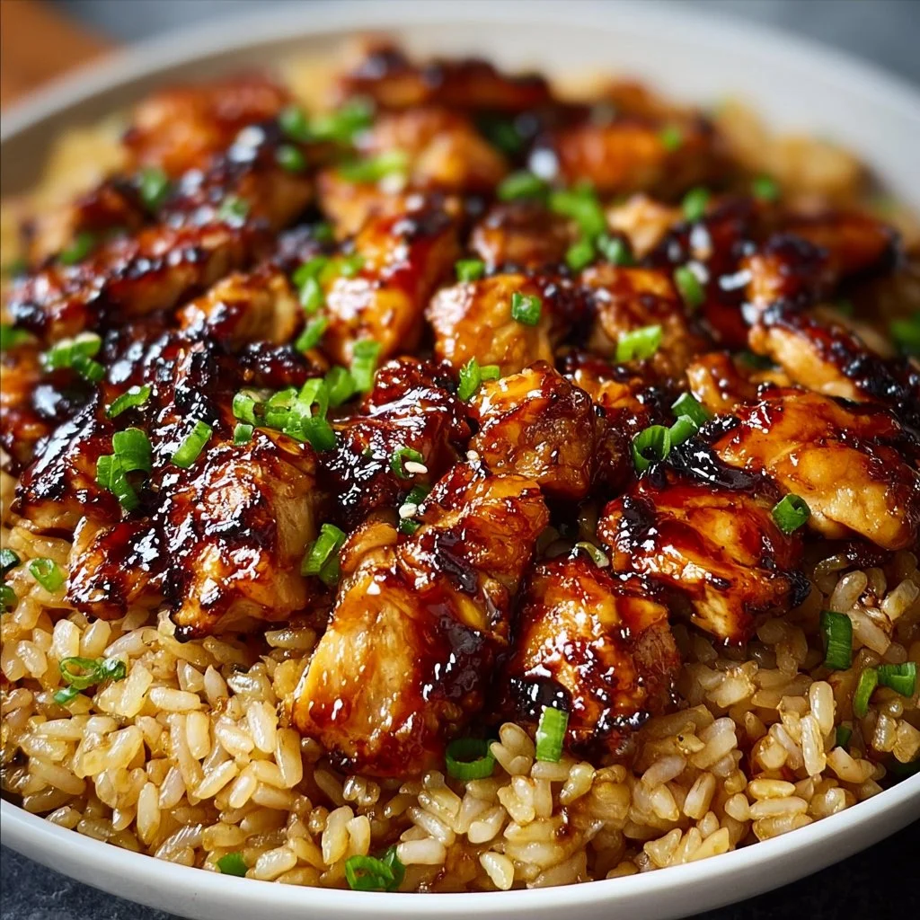 One-Pan honey BBQ chicken rice ready to serve.