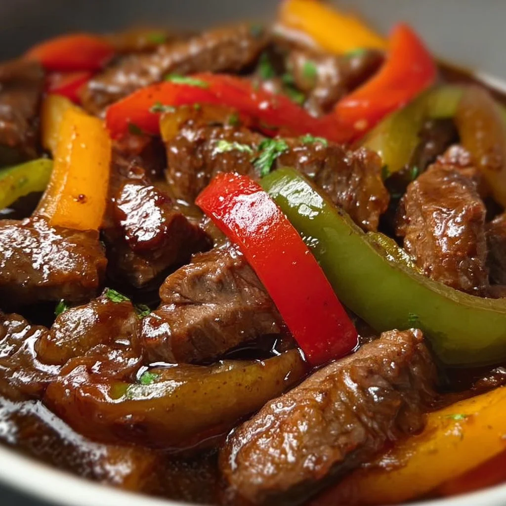 Delicious Pepper Steak cooked in a Crock Pot with vibrant vegetables