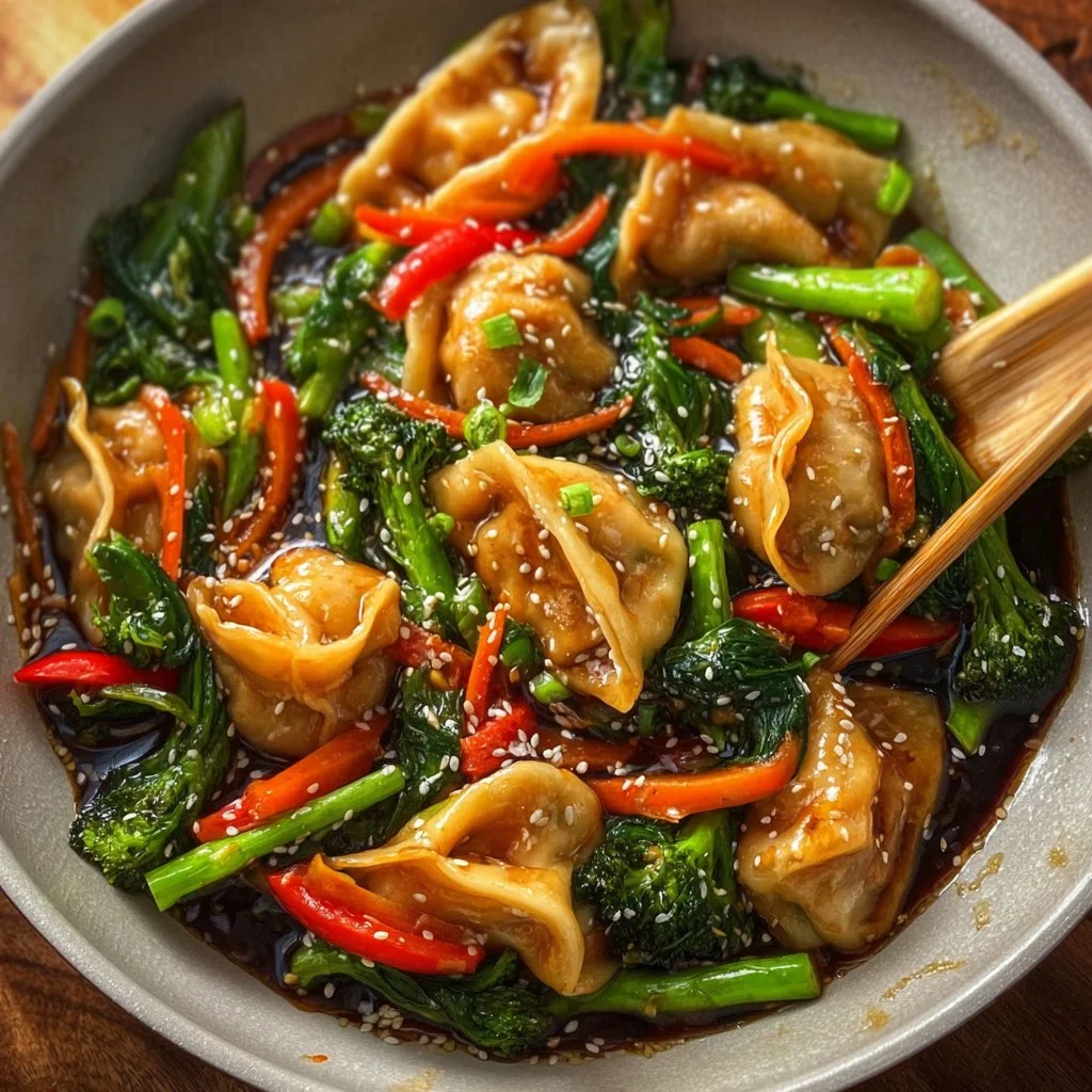 A colorful potsticker stir fry dish garnished with fresh vegetables and sauce.