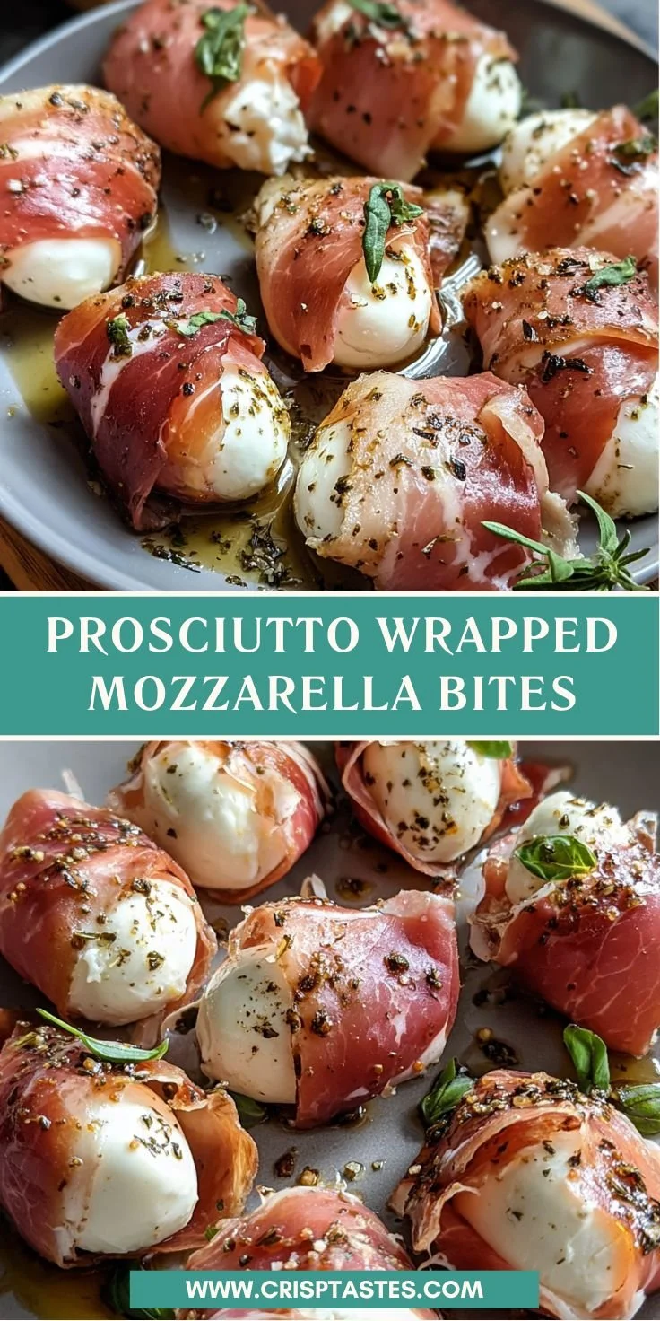 Prosciutto wrapped mozzarella bites on a serving platter