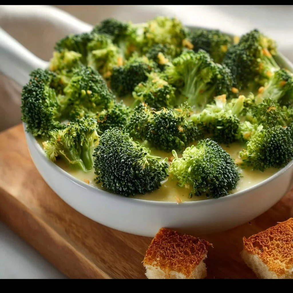 Bowl of protein-packed broccoli cheddar soup with broccoli florets and cheese
