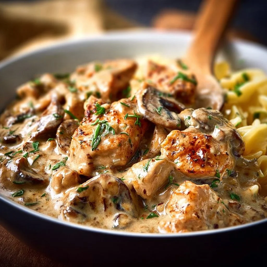 Quick Chicken Stroganoff served with creamy sauce and pasta