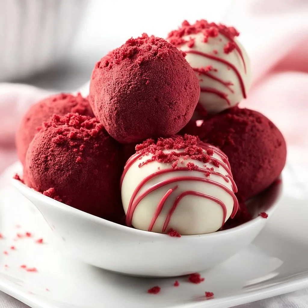 Delicious red velvet truffles topped with cocoa powder on a white plate.