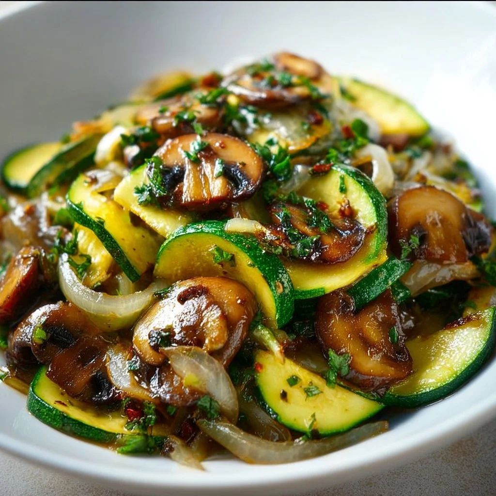 Sautéed zucchini mushrooms and onions in a skillet
