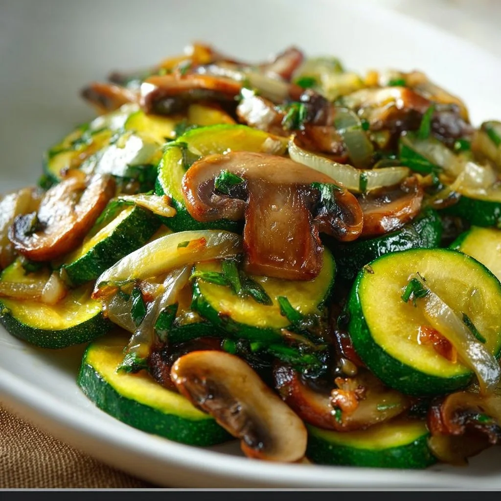 Dish of sautéed zucchini, mushrooms, and onions served in a bowl.