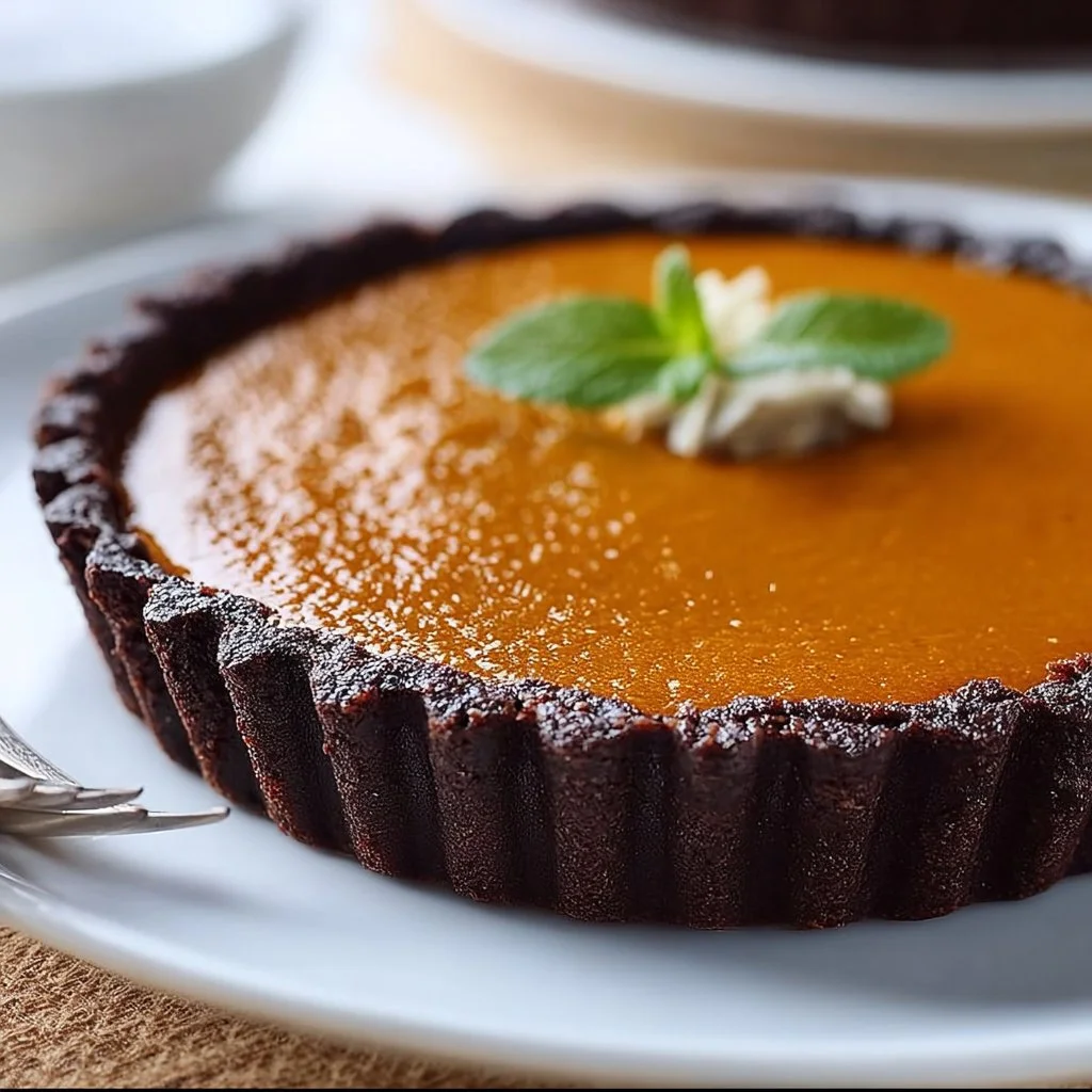 Simple dark chocolate pumpkin tart served on a rustic wooden table