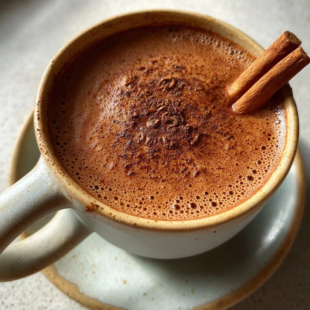 A steaming mug of spiced hot cocoa topped with whipped cream and spices.