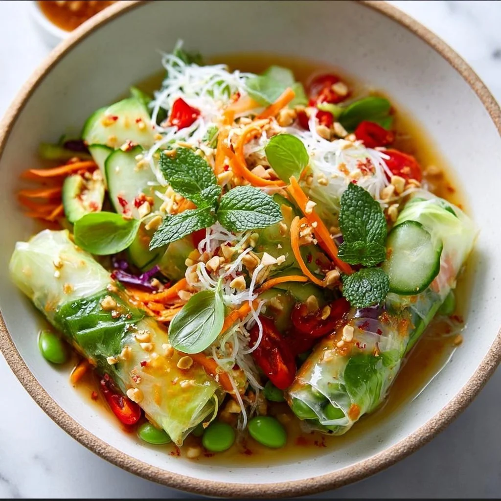 Spring Roll Salad topped with spicy ginger dressing on a plate