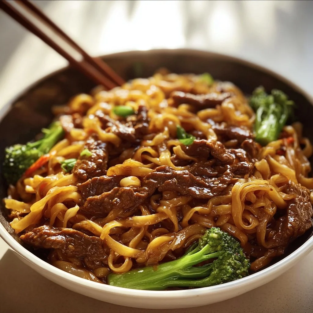Delicious plate of sticky beef noodles with fresh vegetables and herbs